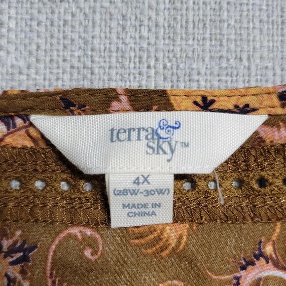 Terra & Sky Womens Blouse Size 4X Brown Paisley Print Ladder Trim Ruffle Peasant - Picture 2 of 11